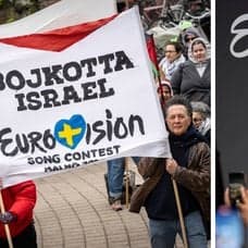 Bild på protest mot Israel i Eurovision & Bild på presskonferens med eurovisionvinnare