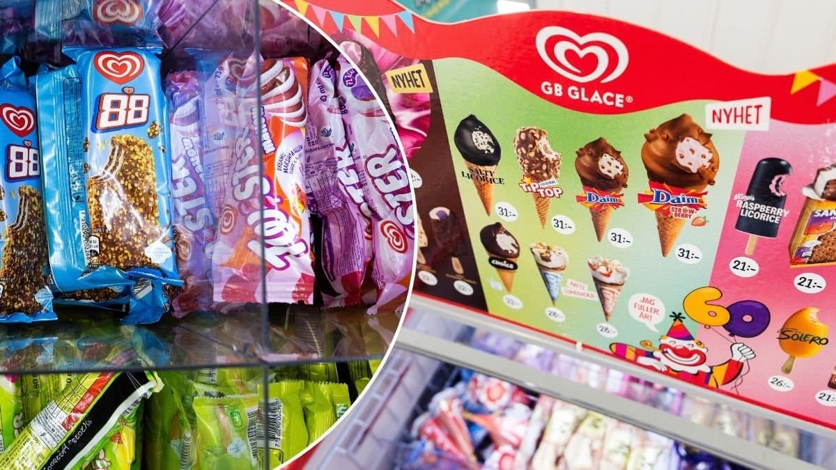 Bilder på GB glassar och en glasskylt.