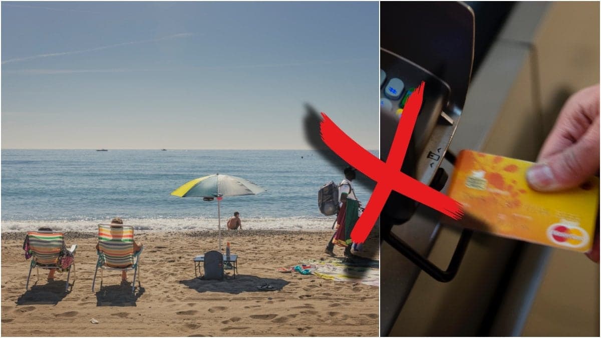Genrebild från en strand i Spanien och ett betalkort.