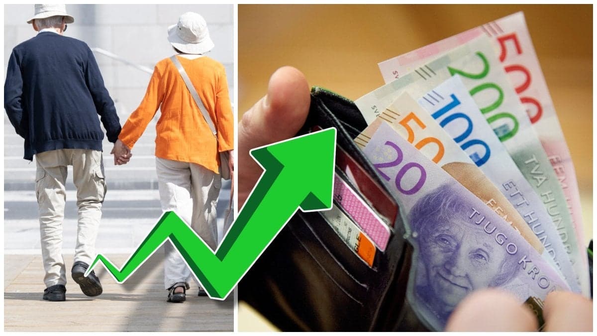 Äldre par som går hand i hand och svenska sedlar i en plånbok