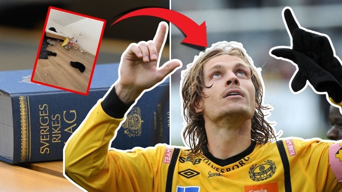 Bild på svensk lagbok till vänster. Över den en bild på lägenheten som Tobias Grahn äger. Bild på Tobias Grahn till höger. Han tittar och pekar upp.