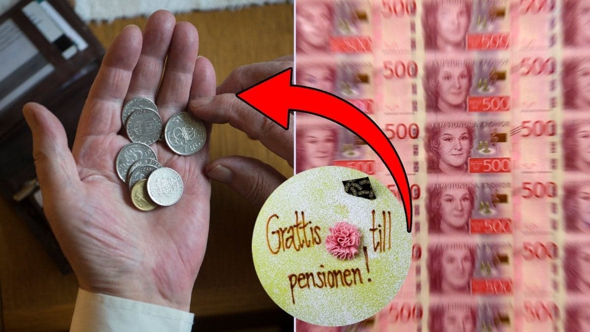 Mynt i handen, sedlar och en tårta med texten grattis till pensionen.