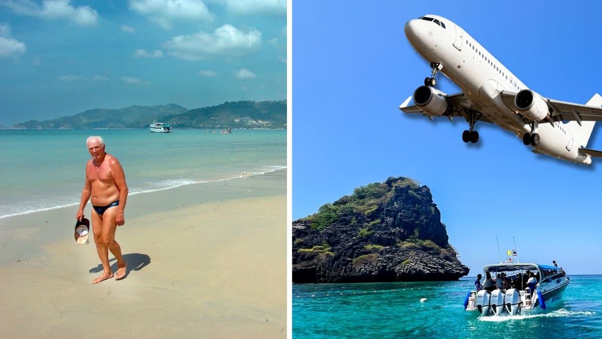 Man som går runt i Thailand på stranden och Thailands berg i vattnet.