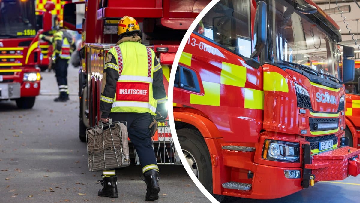 Brandmän framför en brandbil vänster. Brandbilar på rad höger.