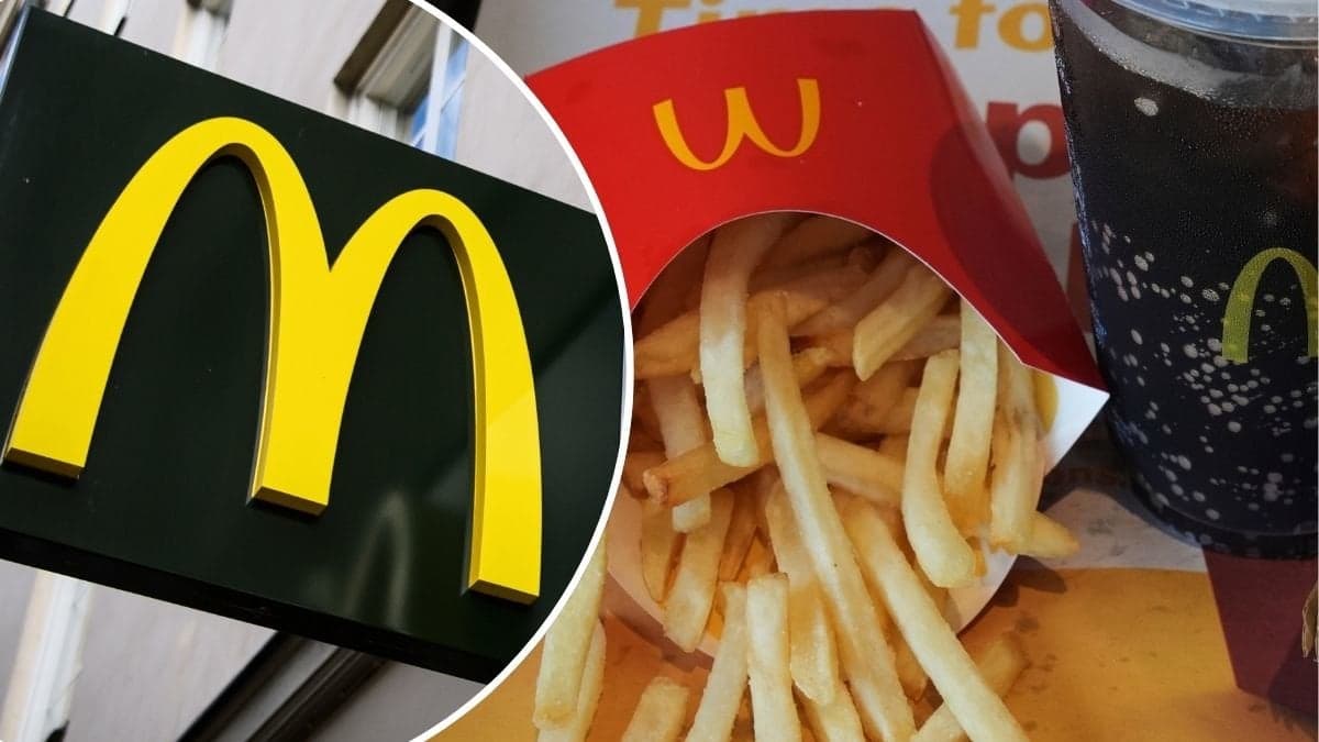 Bild på en  McDonalds-skylt och pommes frites.