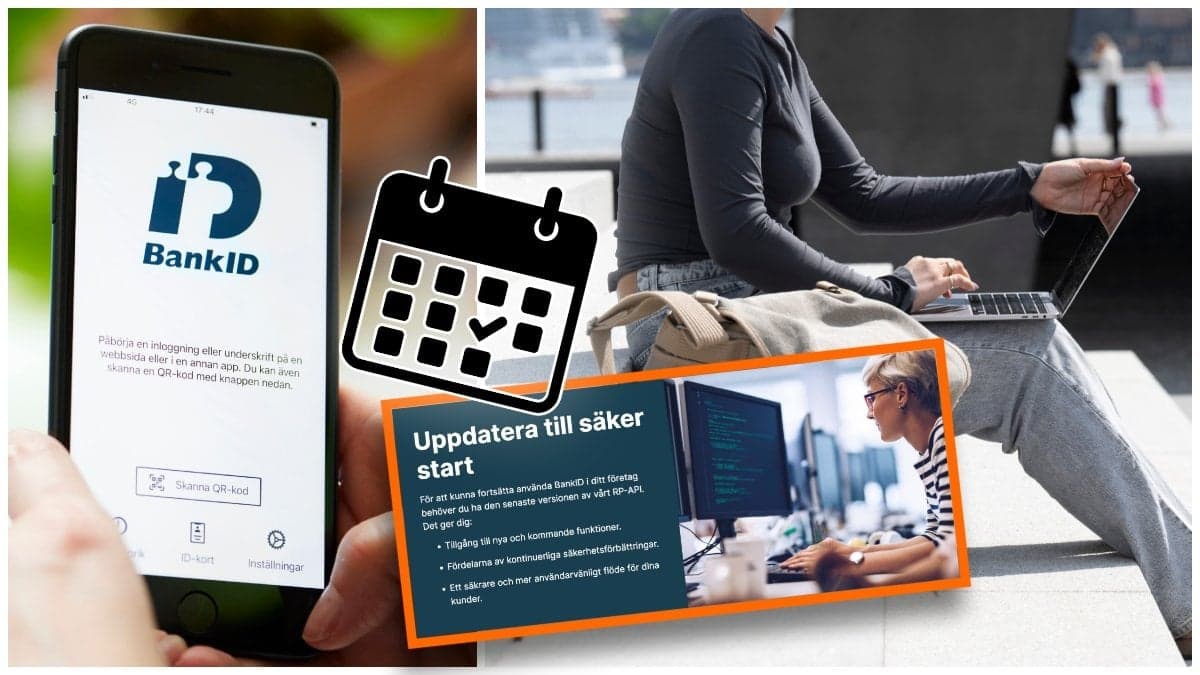 BankID-appen i en mobil och en kvinna med en bärbar dator i knät