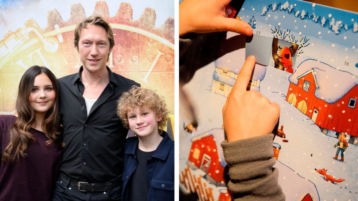 Bild på skådespelare julkalendern och bild på barn som öppnar adventskalender.