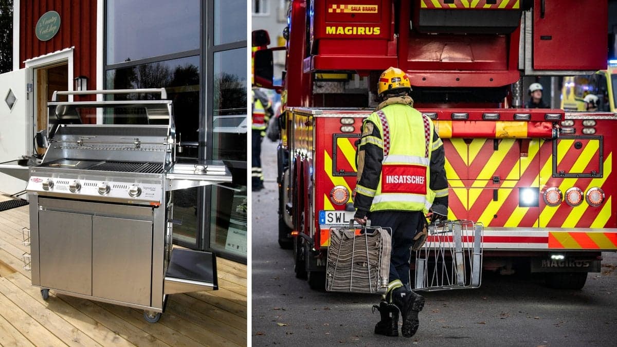 En gasolgrill och en brandbil med en brandman