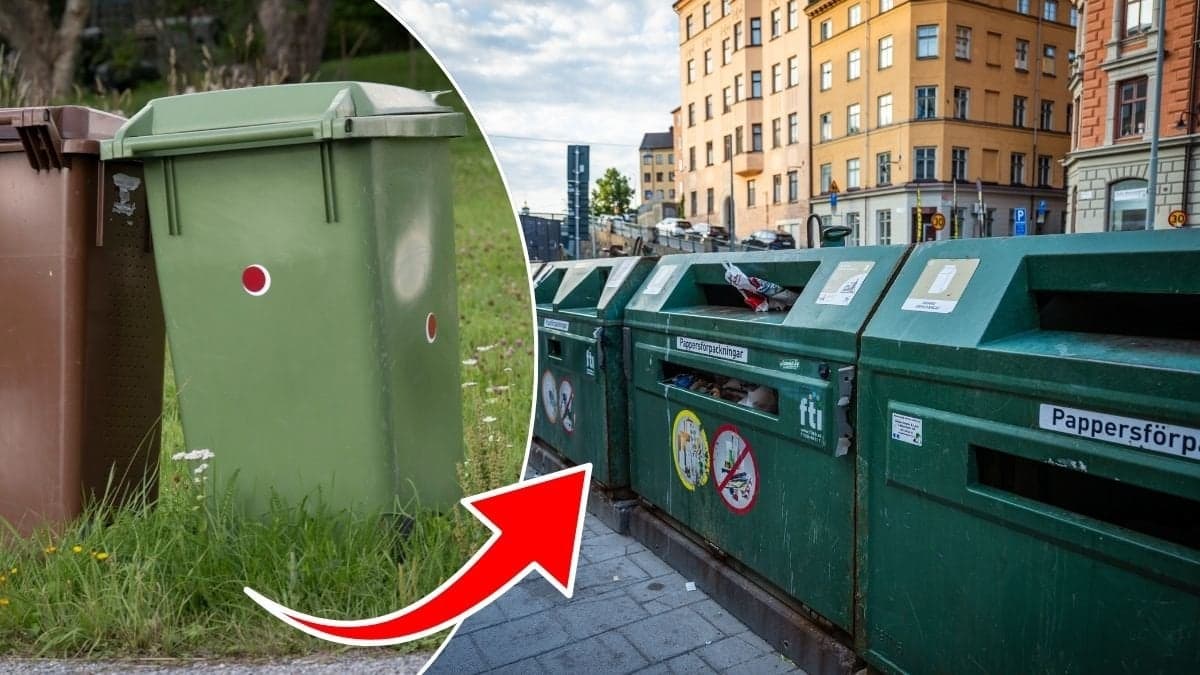 Bilder på en återvinningscentral och soptunnor.