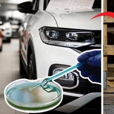 Bil till vänster, en utklippt bakterieplatta till vänster. En toalett till höger. en röd pil pekar från bilen till toaletten.