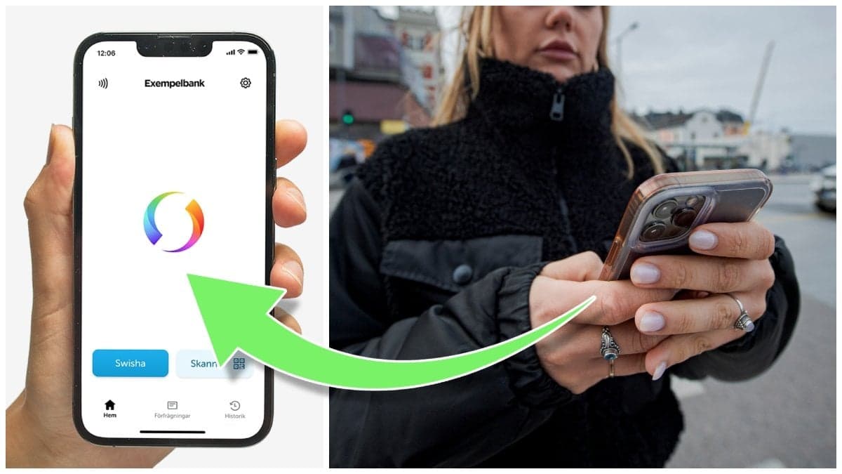 Swish-appen i en mobil och en kvinna med en mobiltelefon i handen