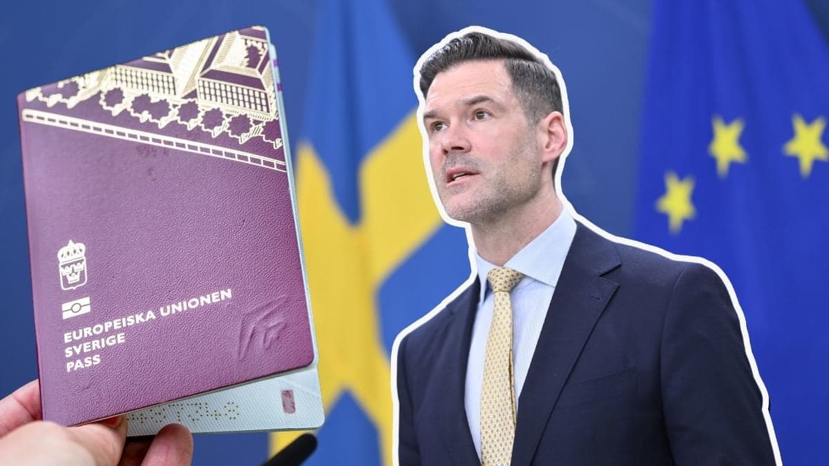 Ett pass och Migrationsminister Johan Forssell.