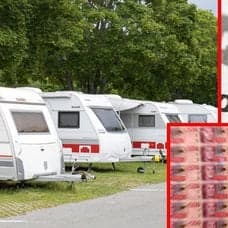 Camping med husbilar, nya sedlar och annons i tidning om konkursbeslut.