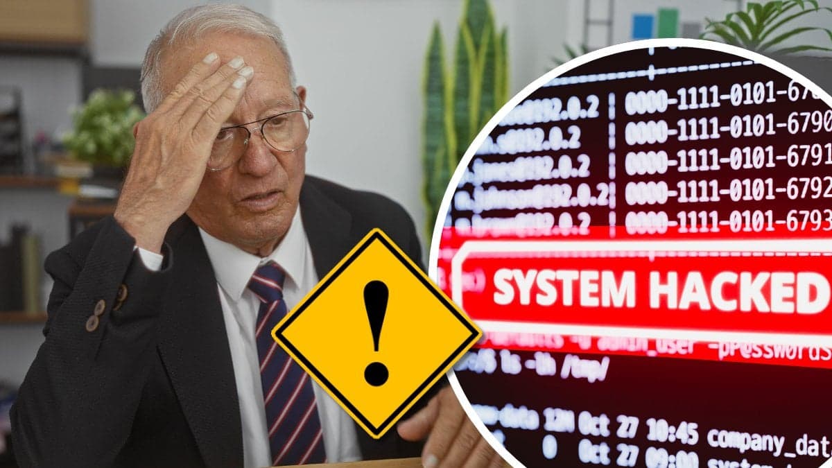Man som ser orolig ut och håller sig för pannan och en skärm med texten System hacked