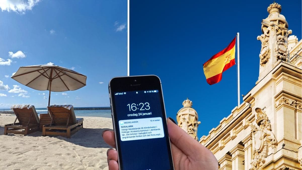 Strand utomlands med parasoll, spanska flaggan och en mobil med ett sms från SOS alarm.