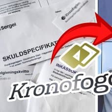 Kronofogden och Inkassobrev vänster. Brevlåda höger. Utklippt Kronofogden-logga vänster. Utklippt kvinna som biter på naglarna höger.