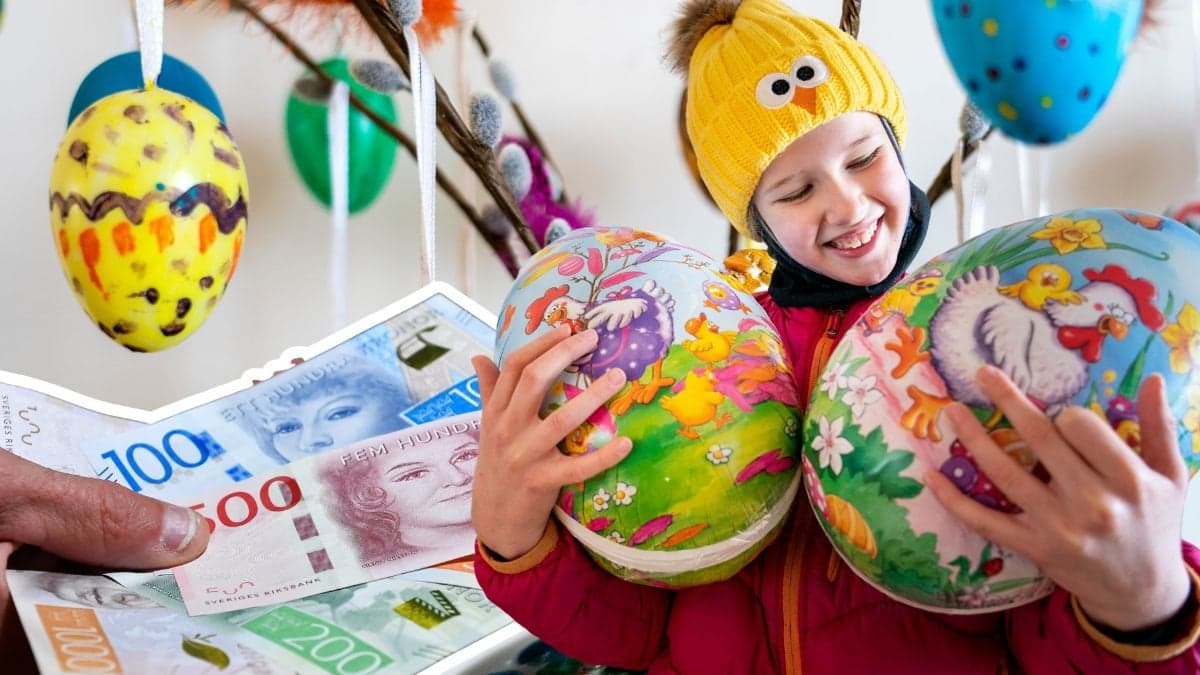 Påskpynt, pengar och ett barn med två påskägg.