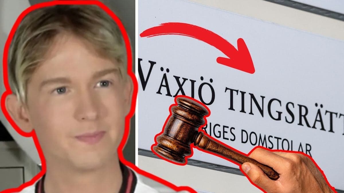 Pontus Rasmusson närbild vänster. Växjö Tingsrätt-skylt höger. Utklippt domare-klubba i mitten. Röd pil pekar från Pontus till Tingsrätt-skylten. 