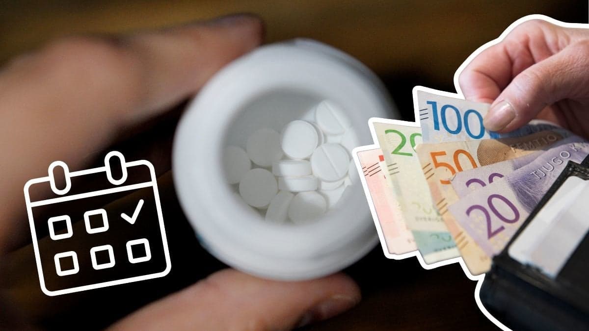 Burk med tabletter och hand med plånbok med svenska sedlar