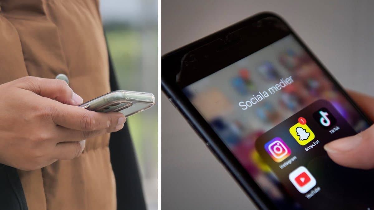 Person på en mobil vänster. Snapchat app-ikon höger.