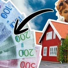 Svenska sedlar, hus längs en gata och en mamma och ett barn