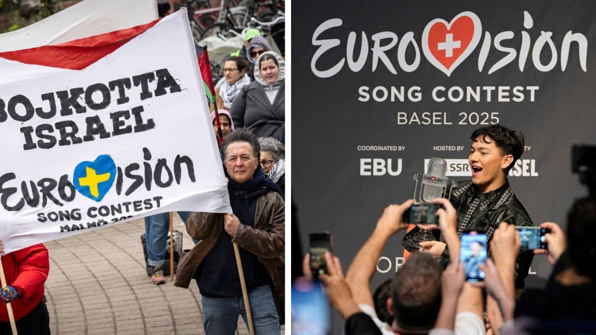 Bild på protest mot Israel i Eurovision & Bild på presskonferens med eurovisionvinnare