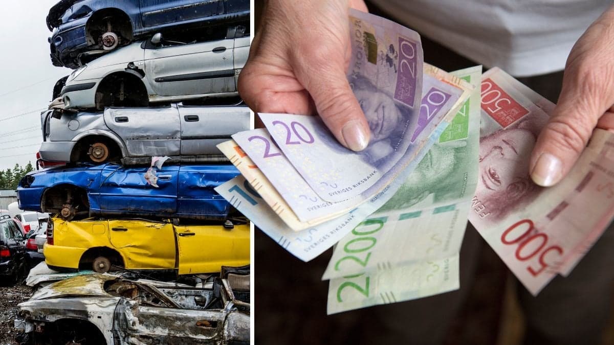Bilskrot och pengar i handen.