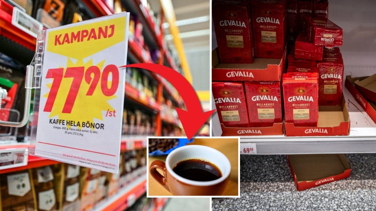Kaffehylla och kaffe.