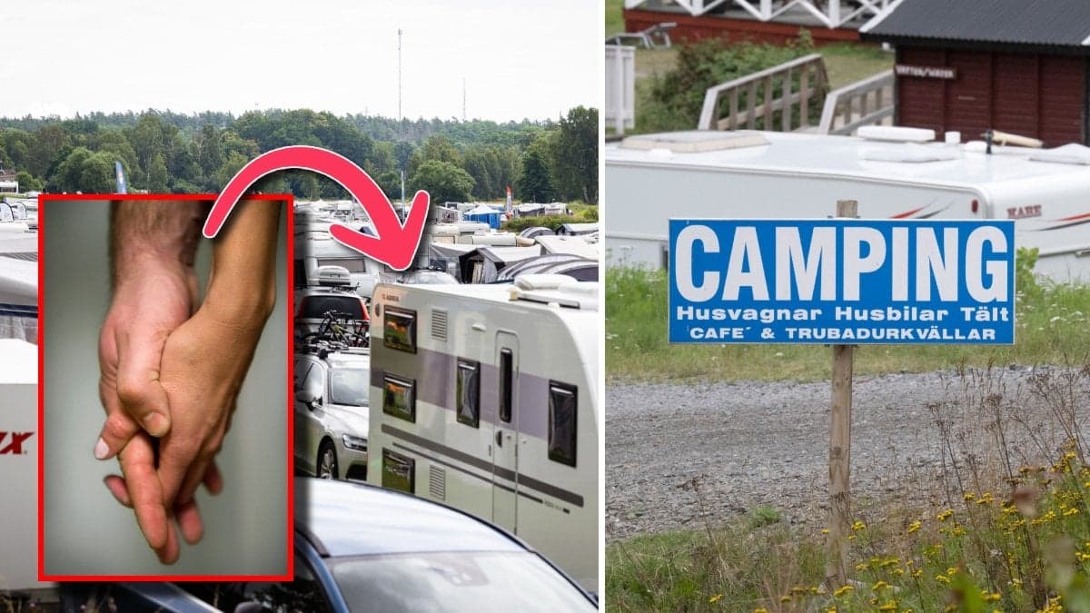 Två personer som håller varandra i händerna, en camping full av husbilar och en skylt med texten Camping på.
