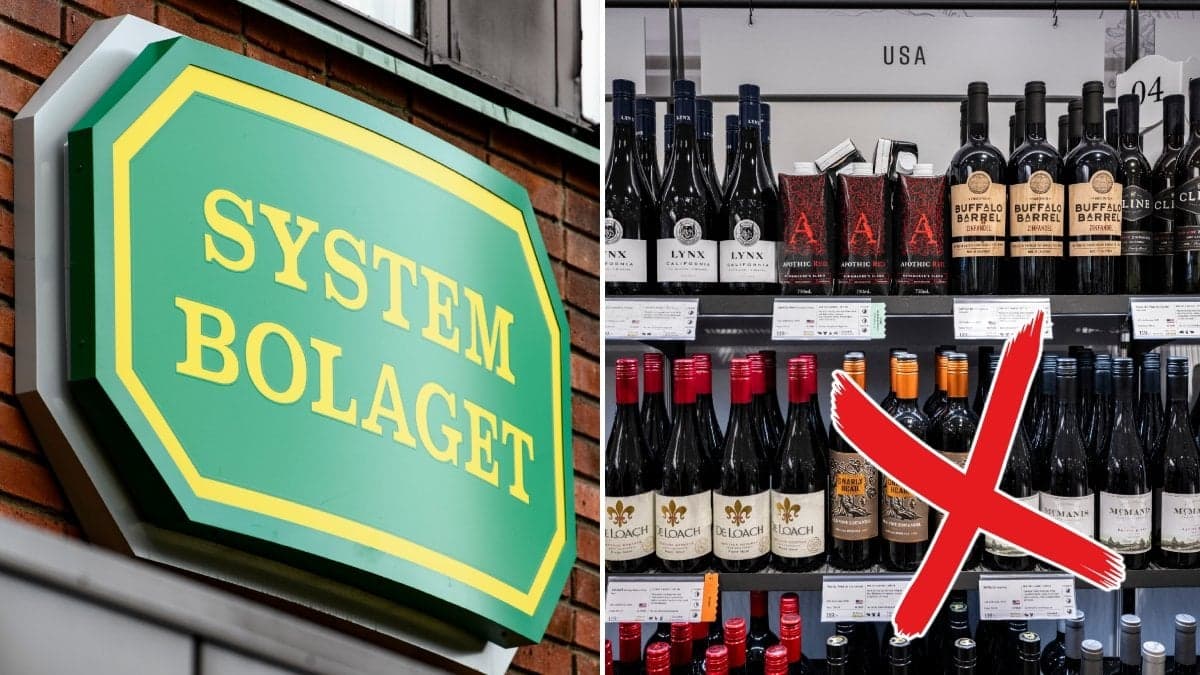 Systembolagets logga och en hylla med amerikanska viner. 
