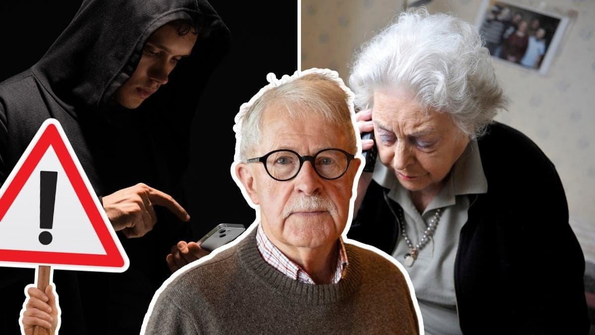 Bedragare, äldre kvinna som pratar i telefon, Sverker Olofsson och varningstriangel.
