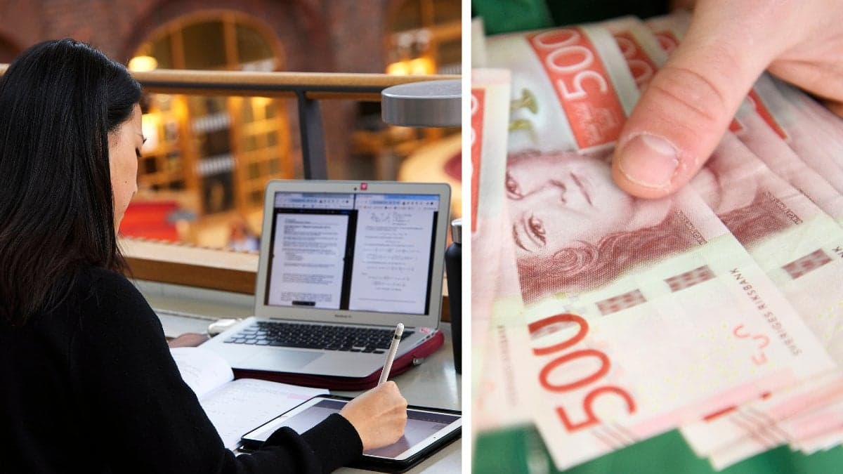 Tje som pluggar på sin dator vänster. Hand som håller flera 500-lappar höger.