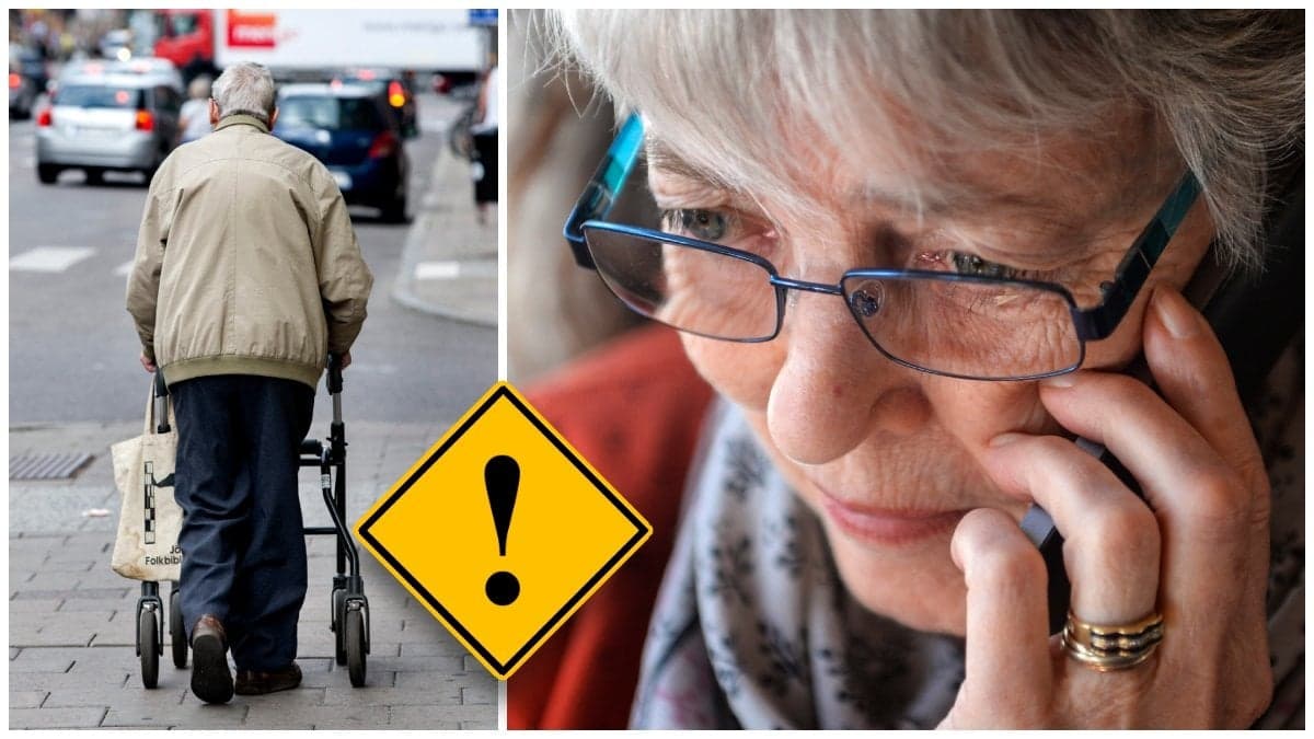 Äldre man med rullator och en äldre kvinna som pratar i mobiltelefon