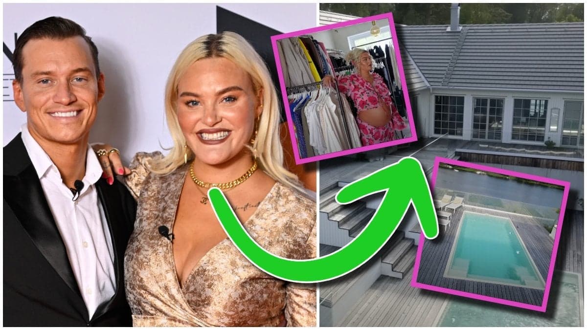 Lisa och Henrik Borg på röda mattan och bilder på deras hus med pool