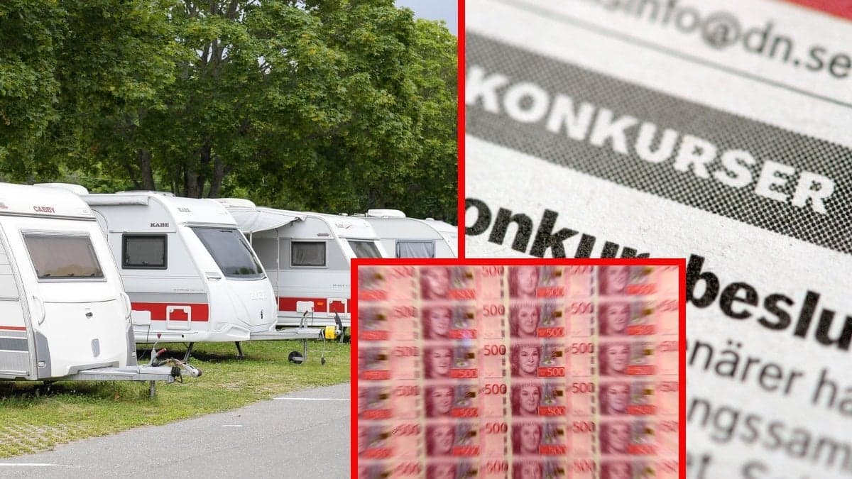 Camping med husbilar, nya sedlar och annons i tidning om konkursbeslut.