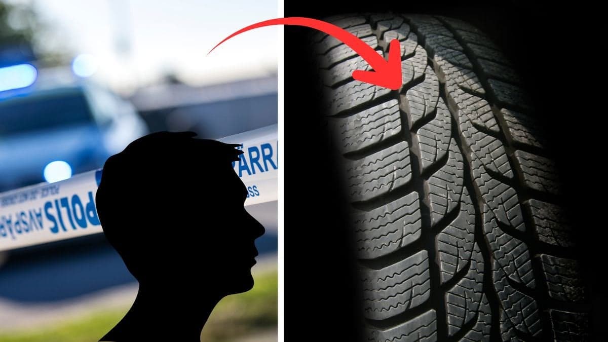 Polisavspärrning till vänster, manlig siluett över. Närbild, däck till vänster.