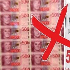 Bilder på sedlar och en skylt om konkurs.