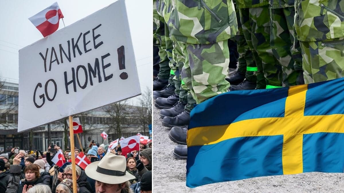 Demonstrationer på Grönland, svenska flaggan och militärer.