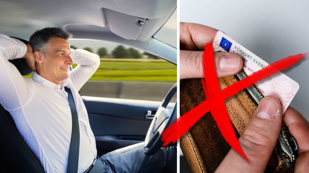 Man som kör utan att hålla på ratten och ett svenskt körkort.