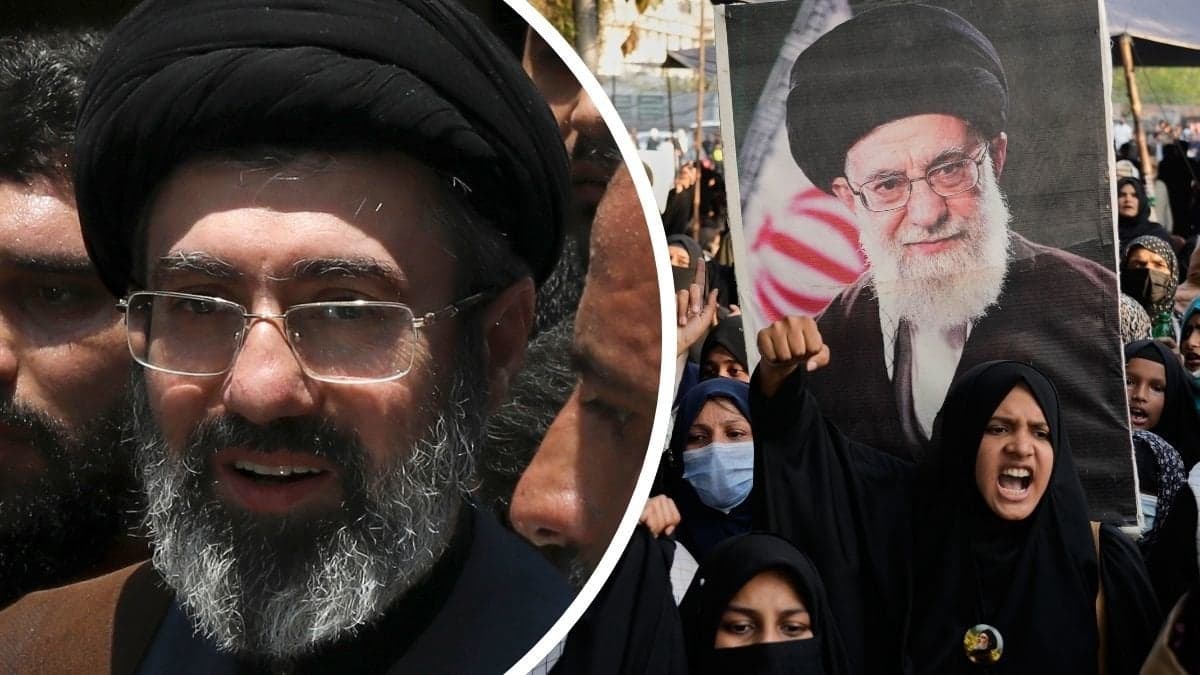 Mojtaba Khamenei och bild på ayatolla Ali Khamenei i en folkmassa