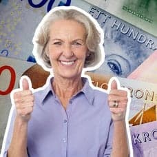 Glad kvinna gör tummen upp och pengar.