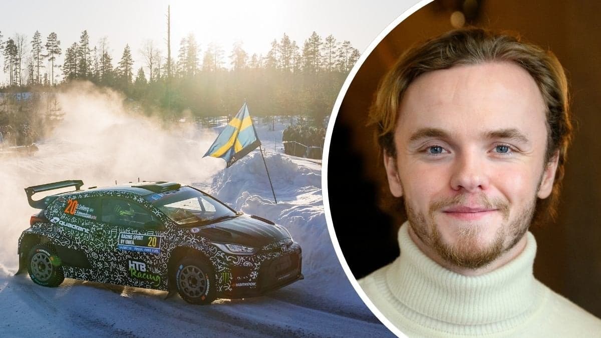Oliver Solbergs bil vid svenska rallyt 2025 och Oliver Solberg