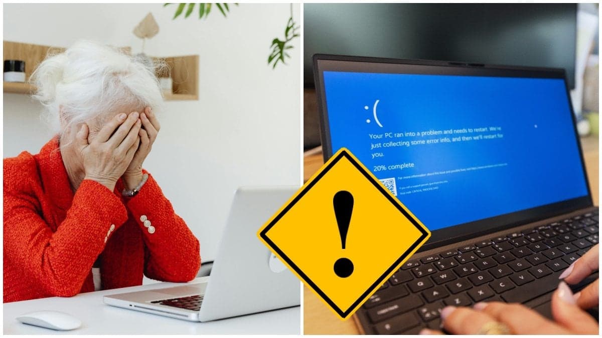 En kvinna som håller sig för ansiktet och en datorskärm med ett varningsmeddelande.