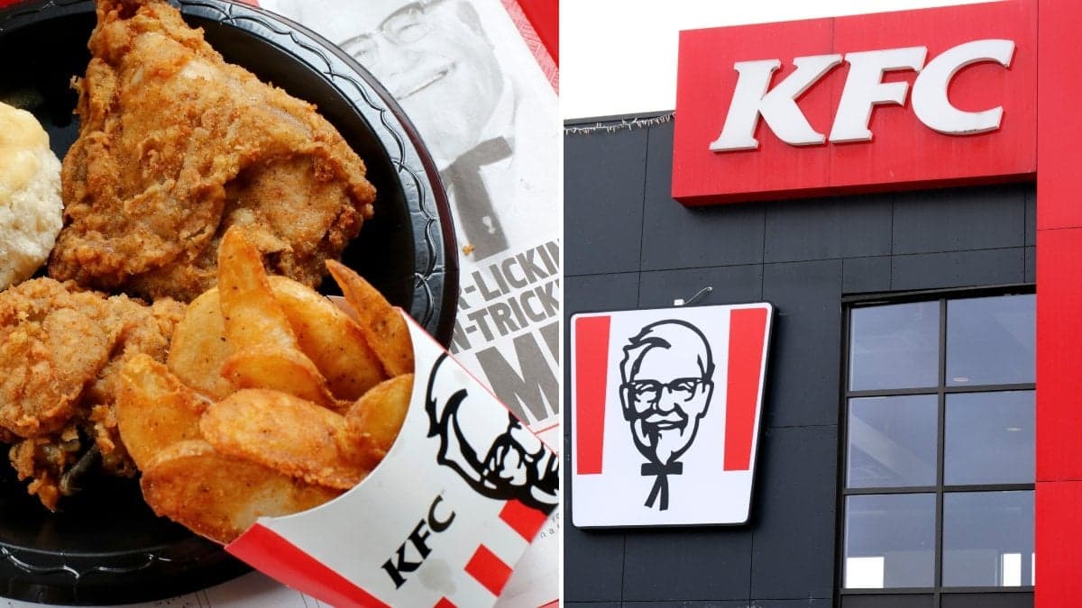 Bilder på KFC-mat och en restaurang-entré.