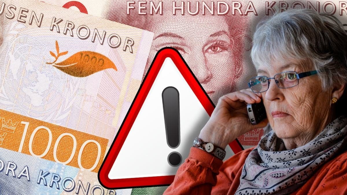 Pengar, kvinna med telefon vid örat och en varningstriangel.