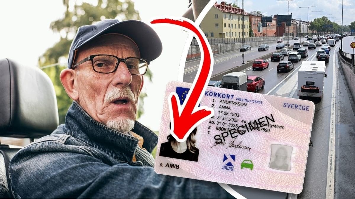 Äldre man i bil, körkort och trafik på väg