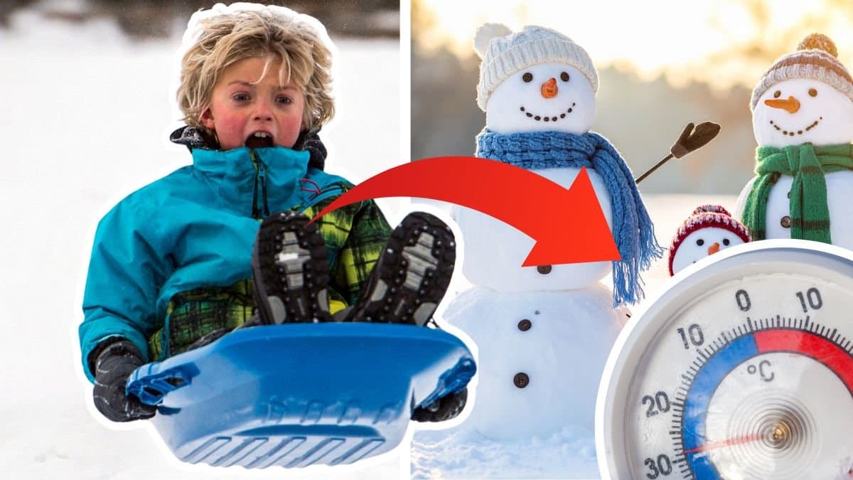Pojke som åker pulka till vänster. Snögubbar till höger. En termomet som visar kalla temperaturer utklippt i högra nedersta hörnet. En röd pil pekar från pojken som åker pulka till temperaturen.