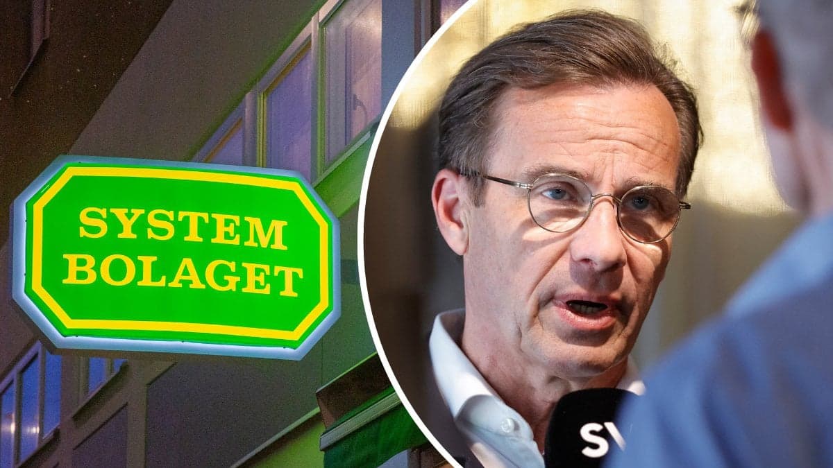 Systembolaget-skylt vänster. Ulf Kristersson höger.