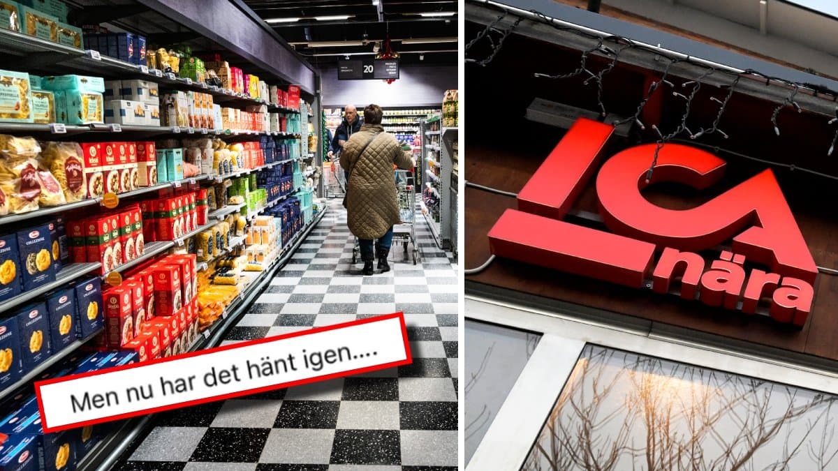 En kund strosar i en matbutik och en Ica Nära-logga.