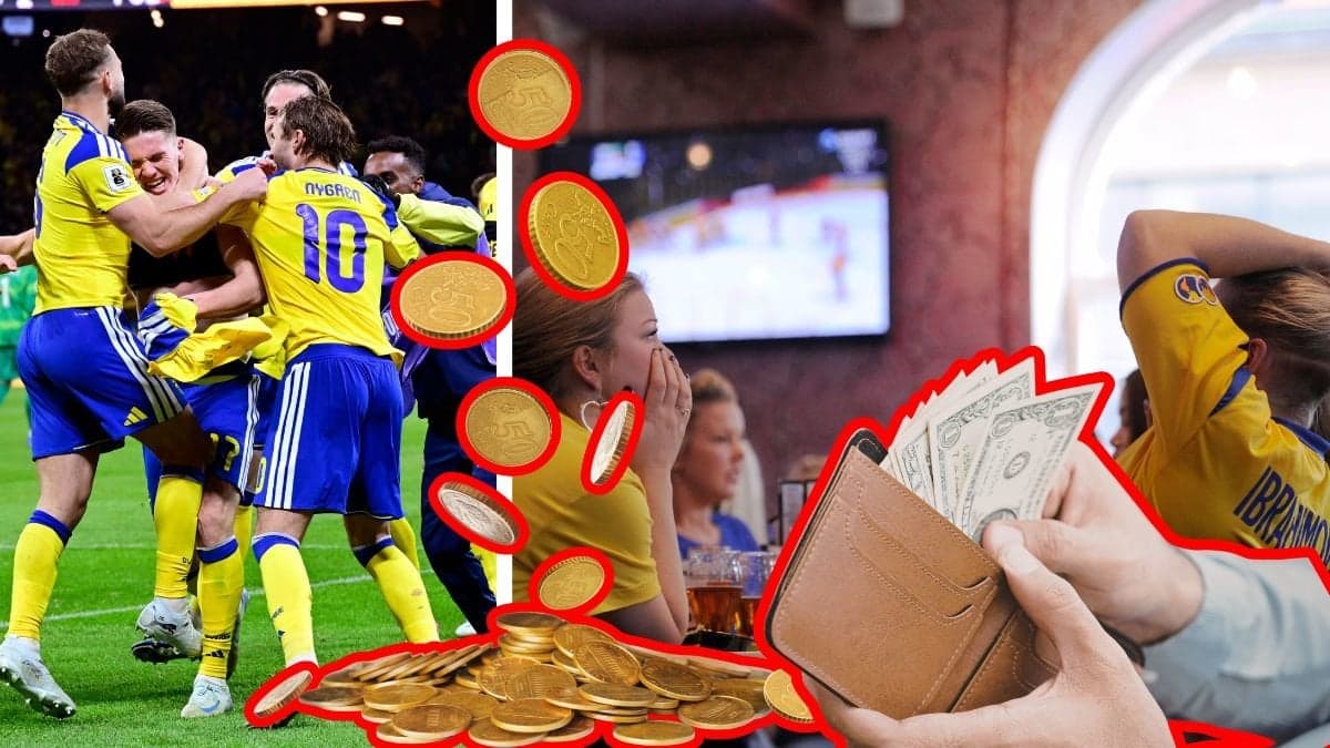 Svenska herrlandslaget vänster. Två tjejer i Sverigetröjor på en sportbar höger. Utklippta mynt som faller vänster. Hand som håller plånbok med sedalr utklippt höger.